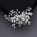Silver bridal hair comb with elegant white pearls and sparkling rhinestone floral leaves - Silver Complex Flower Leaf Hair Comb (HS-J6203)