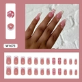 Pink gradient French press-on nails with white flower patterns and glossy finish 24pcs - French Peach Blossom (W1673-With Glue)