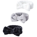 Close-up of white, grey, and black plush headband set with soft bow ties for skincare - Black/White/Grey Rabbit Ear Headband Set