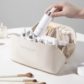 Trousse de maquillage crème à rayures verticales avec compartiments de rangement - Beige