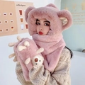 Pink plush bear hat scarf and glove set with 3-in-1 warm faux fur design - Adult Thickened Bear Version / Pink