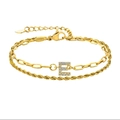 Bracelet double chaîne dorée ajustable avec pendentif lettre E serti de zircones cubiques - Lettre E
