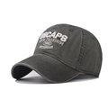 Detailed close-up of distressed cotton baseball cap with vintage white embroidery - Adjustable / Army Green