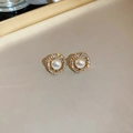 Macro shot of gold stud earring featuring central pearl and rhinestone paving on twist metal - Irregular Ring Rhinestone Pearl Stud (6# Silver Pin-Gold Style Six)