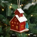 Red and white LED wooden Christmas cabin ornament hanging on a pine tree with warm light - Style D / Red White Star Window with Cedar / 11x8.4x6.4cm