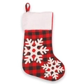 Rote und schwarze Weihnachtssocke mit Karomuster, weißem Pelzrand und Schneeflocken-Motiv - Schneeflocke Stil