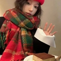 Thick mohair scarf in red and green checkered pattern with tassels for women - Red Christmas Plaid (30*180)