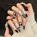 Handmade stiletto press-on nails with silver cat-eye, 3D bows and floral patterns - Large (L) / Black White Silver Cat Eye Stiletto Style (700)