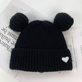 Black knit beanie with cute bear ears and a white heart embroidery patch for winter - One Size / Black