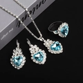 Silver jewelry set with blue heart crystals, including necklace, earrings and ring - Necklace Earrings Ring Set / Blue