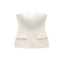Chic off-the-shoulder cream cropped tube top with V-notch neckline and decorative flap pockets - XS / White