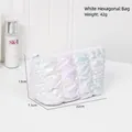 Iridescent white quilted puffer cosmetic bag with hexagon base and zipper closure - White Hexagon Bag / White