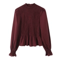 Dunkelrote Karobluse mit gerafftem Oberteil und elegantem Rüschenstehkragen - XS / Burgunderrot