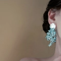 Detail of blue crystal tassel earrings on model featuring silver studs and beads - Tassel Crushed Stone Style (1#)