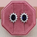 Exquisite sunflower stud earrings with deep blue oval zircon and marquise micro-inlay - Diana Style / Dark Blue
