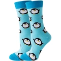 Detail shot of mid-calf socks featuring blue cartoon penguin patterns with reinforced heels - Blue Little Penguin