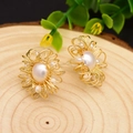 Handcrafted gold wire-wrapped flower earrings with white pearls in a vintage style - Premium Bread Pearl Wire Wrapped Studs