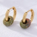 Detail of gold hoop earrings with green and red marbled natural stone beads - Colorful