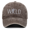 Detail of WILD embroidery with bigfoot silhouette on washed distressed canvas baseball cap - Adjustable / Coffee