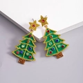 Detail of Christmas tree drop earrings with green rhinestones and a gold star top - Green Multi-layer Christmas Tree