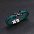 Detailed close-up of dark green braided leather bracelet with black infinity symbol clasp - Dark Green