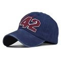 Detail of vintage washed navy cotton baseball cap with red 42 embroidery and distressed brim - Adjustable / 42 Navy Blue
