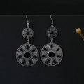 Bohemian silver drop earrings with retro black and white floral pattern accents - Silver + Black White Flower (E7981)