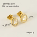 Oval stainless steel stud earrings with gold finish and sparkling zircon stones - White