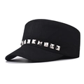 Flat top military cap in black cotton featuring silver punk-style metal rivets - Adjustable / Black With Rivets
