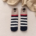 Cute bear embroidery coral fleece thermal sock in blue and white stripes with plush ears - One Size / Navy Stripe