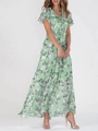Detail of green floral maxi dress featuring V-neckline and ruffled short sleeves - S / Tops / Green