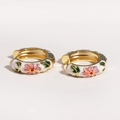 Detail of 18K gold plated hoop earrings with white enamel and purple floral patterns - White Style (Style 3)