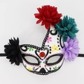 Detail of Day of the Dead mask with colorful fabric flowers and heart vine patterns - Flame Purple Printed