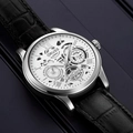 ORUSS men's watch with skeleton dial, silver case, and premium black leather strap - Black Leather Strap White Dial