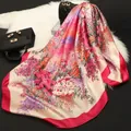 Floral print satin square scarf with red border and beige base for women fashion - Flower Bloom Rose Red