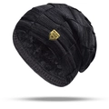 Close-up of black knitted beanie showing thick plush fleece lining and golden shield emblem - One Size (High Elasticity) / Black (Hat Only)