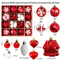 Detailed breakdown of 40-piece red and white Christmas ball ornament set with dimensions - MJXK01 Red And White House