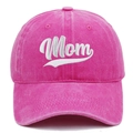 Detailed view of pink washed cotton baseball cap with white Mom embroidery stitching - Rose Red (Mom)
