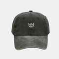 Detailed view of white crown embroidery on vintage washed dark grey denim baseball cap - Army Green