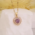 Golden heart necklace with purple zircon stone displayed on a white stone background - 3# Dark Purple