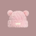 Pink furry knitted hat with cute animal ears and thick plush fabric for winter warmth - Bear Ear Style / Pink