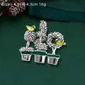 Vintage style potted plant brooch with yellow birds and green enamel finish, 4.6cm size - Silver Potted Bird Style (YNCP7721 Silver)