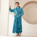 Thick lake blue flannel bathrobe for men with textured collar and waist tie detail - Dark Green Men