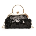 Sparkly black sequin evening bag with elegant carved golden metal handle and chain strap - Black