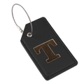 Black leather luggage tag with gold embossed letter T and stainless steel wire loop - Letter T