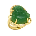 Chinese style Maitreya Buddha ring with green faux jade and golden adjustable band - Adjustable Open / Green