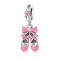 Detail of S925 silver ballet shoes charm with pink enamel bow and micro-set zircons - Osc0029 - Dance Shoe Pendant