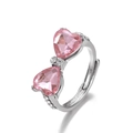 Bague nœud argentée avec zircons cœurs roses et gemmes claires, anneau ajustable - Argent Rose Cœur Nœud (X132)