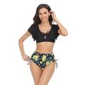 Two-piece bikini with ruffle sleeves and high-waisted floral print swim shorts - S / Drawstring Black