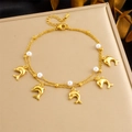 Gold double-layered stainless steel anklet with dolphin charms and small pearls - Double Layer Pearl Dolphin Style (B1567)